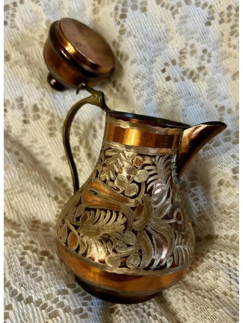 Vintage Copper and Brass Decorative Pitcher with Lid